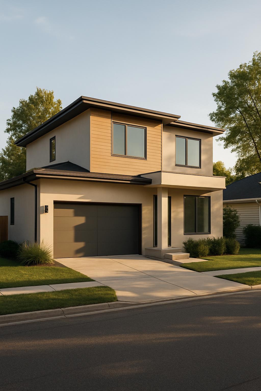Contemporary two-story house with tan siding, brown roof, and black trim, complemented by a garage and lush greenery.