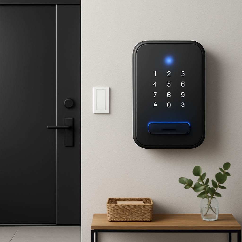 The image depicts a Bosch smart lock installed on a pale grey wall in a modern home. The lock boasts a sleek and compact r...