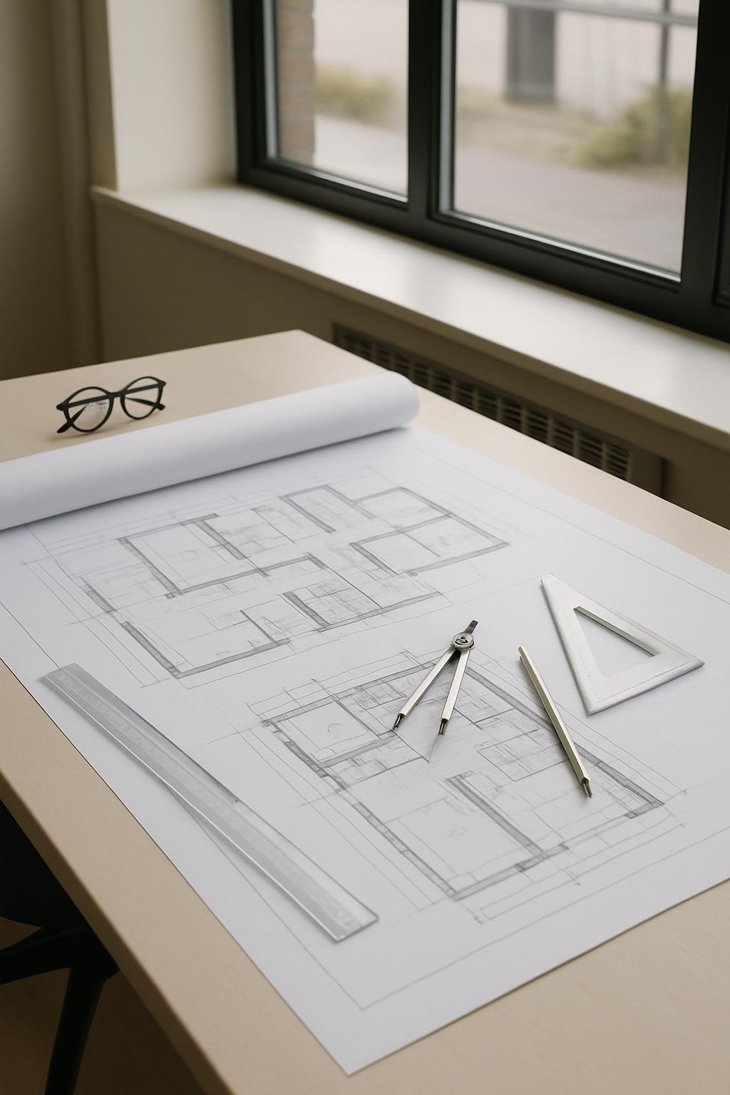 A desk with a blueprint, compass, and cardboard triangle on it, next to a window.